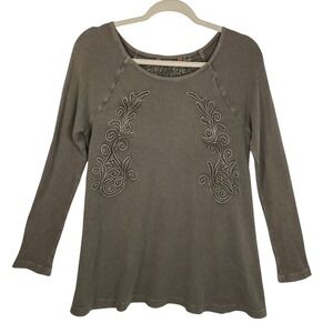 Soft Surroundings Camden Thermal Top Small Taupe Waffle Embroidered Boho